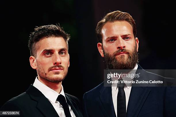 Actors Luca Marinelli and Alessandro Borghi attend a premiere for 'Don't Be Bad' during the 72nd Venice Film Festival at Palazzo del Casino on...