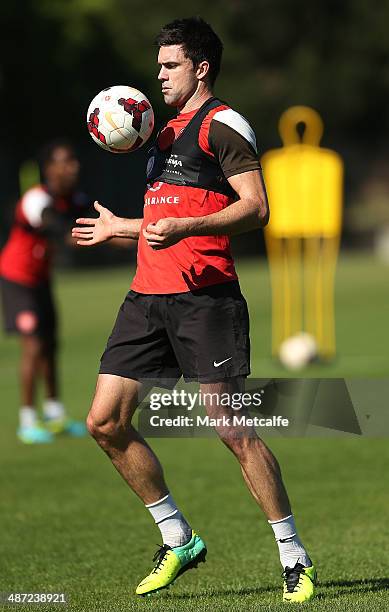 Michael Beauchamp controls the ball during a Western Sydney Wanderers A-League training session at Blacktown International Sportspark on April 29,...