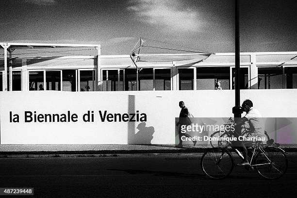 Image has been converted to black and white) A general view of the festival logo during the 72nd Venice Film Festival on September 7, 2015 in Venice,...