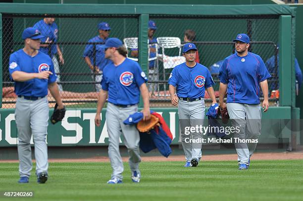 Tsuyoshi Wada of the Chicago Cubs walks from the bullpen after the Chicago Cubs defeat the St. Louis Cardinals 9-3 at Busch Stadium on September 7,...