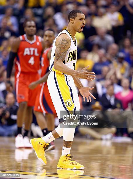 George Hill of the Indiana Pacers disagrees with an officals call in the game 107-97 loss to the Atlanta Hawks in Game 5 of the Eastern Conference...