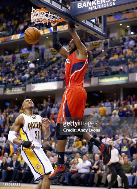 DeMarre Carroll of the Atlanta Hawks dunks the ball against the Indiana Pacers in Game 5 of the Eastern Conference Quarterfinals during the 2014 NBA...