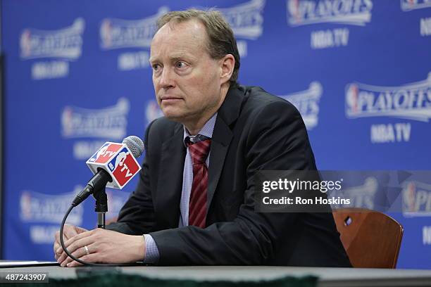 Mike Budenholzer head coach of the Atlanta Hawks addresses the media after a game against the Indiana Pacers in Game Five of the Eastern Conference...