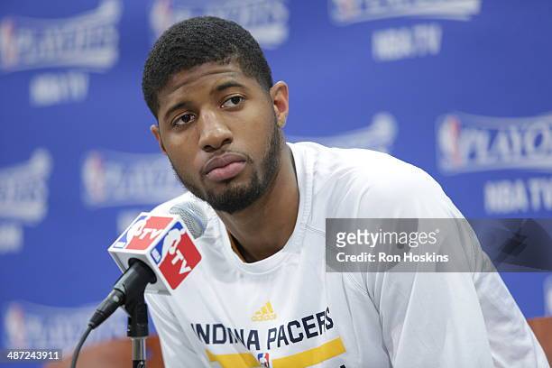 Paul George of the Indiana Pacers addresses the media after a game against the Atlanta Hawks in Game Five of the Eastern Conference Quarterfinals at...