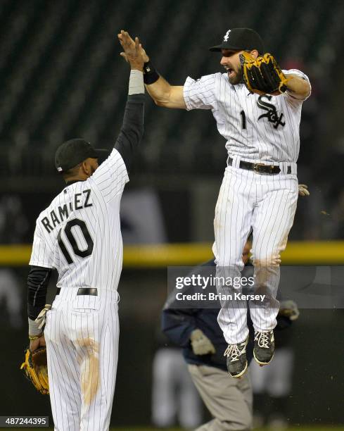 Alexei Ramirez and Adam Eaton of the Chicago White Sox celebrate their win over the Tampa Bay Rays at U.S. Cellular Field on April 28, 2014 in...