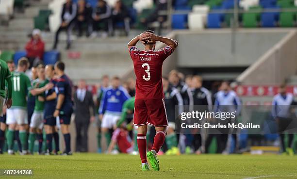 Leandro of Hungary reacts after the Euro 2016 Group F qualifying match between Northern Ireland and Hungary at Windsor Park on September 7, 2015 in...