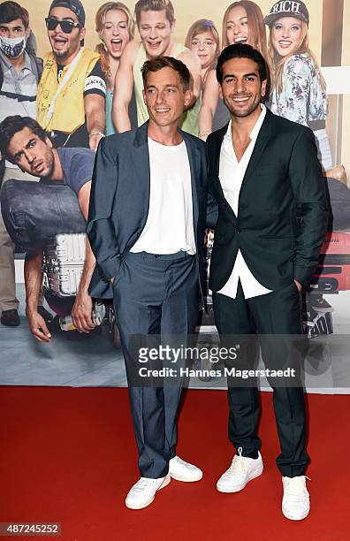 Actor Volker Bruch and Elyas M'Barek attend the 'Fack ju Goehte 2' Munich Premiere at Mathaeser Filmpalast on September 7, 2015 in Munich, Germany.
