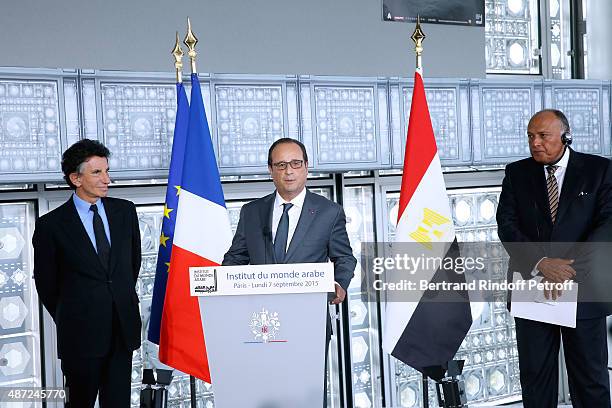 President of the 'Institut du Monde Arabe' Jack Lang, President of the French Republic Francois Hollande and Foreign Minister of Egypt Sameh Shoukry...