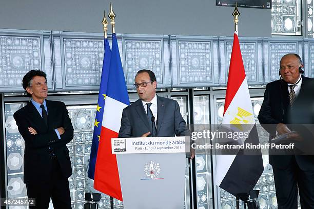 President of the 'Institut du Monde Arabe' Jack Lang, President of the French Republic Francois Hollande and Foreign Minister of Egypt Sameh Shoukry...