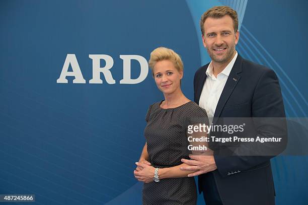Singa Gaetgens and Rene Kindermann visit the ARD stand at 2015 IFA Tech Fair on September 7, 2015 in Berlin, Germany.