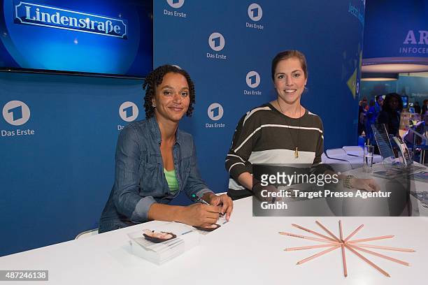 Sarah Masuch and Hana Geissendoerfer visit the ARD stand at 2015 IFA Tech Fair on September 7, 2015 in Berlin, Germany.