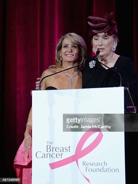 Cindy Citrone and Roz Goldstein speak onstage at The Breast Cancer Foundation's 2014 Hot Pink Party at Waldorf Astoria Hotel on April 28, 2014 in New...