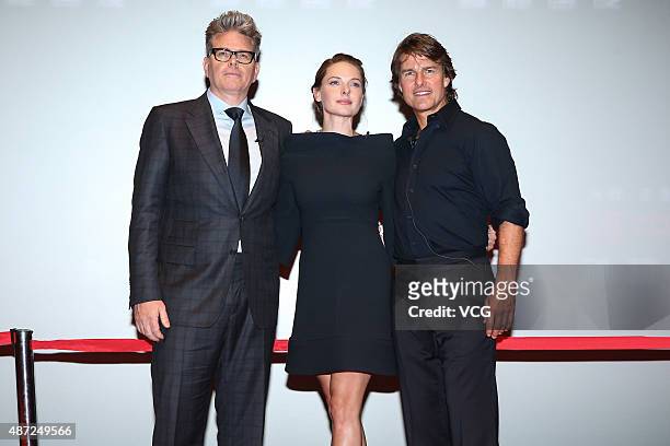American director Christopher McQuarrie , actor Tom Cruise and Swedish actress Rebecca Ferguson attend "Mission: Impossible - Rogue Nation" premiere...