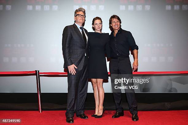 American director Christopher McQuarrie , actor Tom Cruise and Swedish actress Rebecca Ferguson attend "Mission: Impossible - Rogue Nation" premiere...