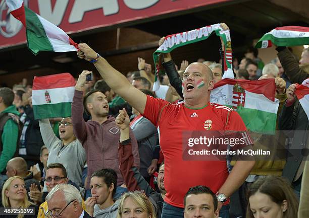 Hungary fans during the Euro 2016 Group F qualifying match between Northern Ireland and Hungary at Windsor Park on September 7, 2015 in Belfast,...