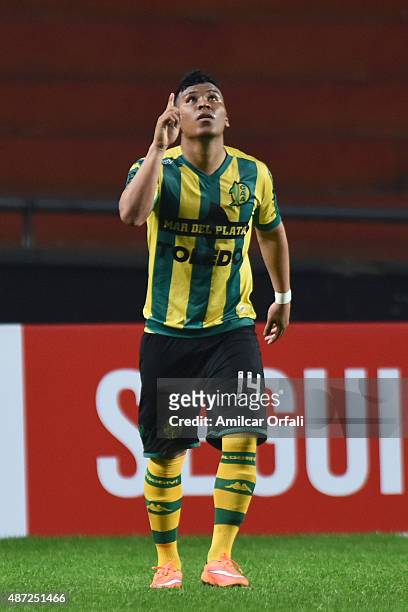 Roger Martinez of Aldosivi celebrates after scoring the first goal of his team during a match between Estudiantes and Aldosivi as part of 23rd round...