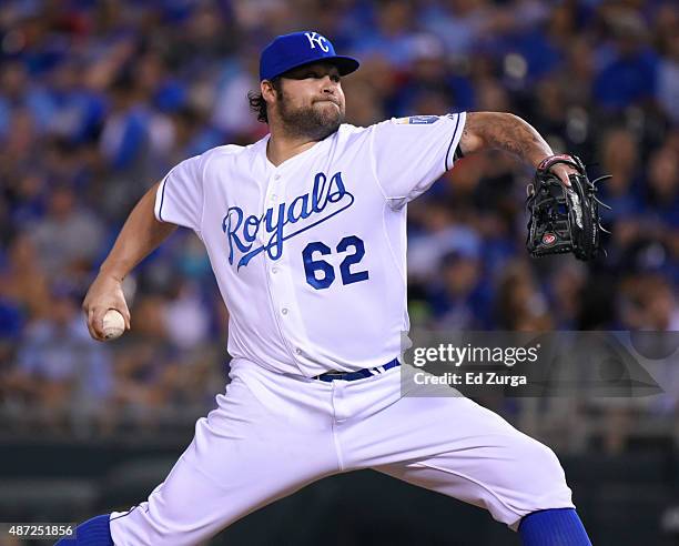 Joba Chamberlain of the Kansas City Royals throws against the Minnesota Twins in the seventh inning at Kauffman Stadium on September 7, 2015 in...
