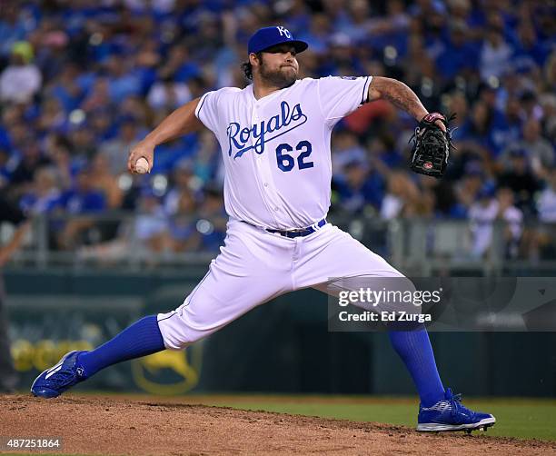Joba Chamberlain of the Kansas City Royals throws against the Minnesota Twins in the seventh inning at Kauffman Stadium on September 7, 2015 in...