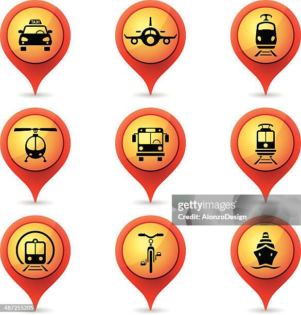 map pointers with mode of transport icon set - boat engine stock illustrations