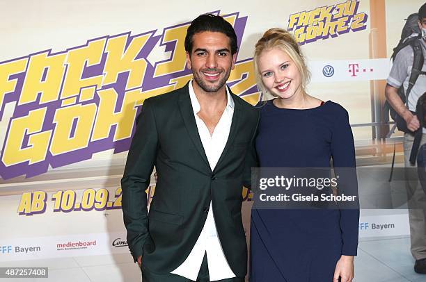Elyas M'Barek, Eva Nuernberg alias Clara Heins, T-Mobile during the world premiere of 'Fack ju Goehte 2' at Mathaeser Kino on September 7, 2015 in...