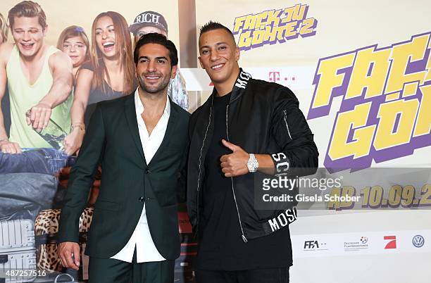 Elyas M'Barek, Singer Farid Bang during the world premiere of 'Fack ju Goehte 2' at Mathaeser Kino on September 7, 2015 in Munich, Germany.