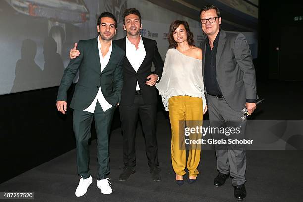 Elyas M'Barek, Director Bora Dagtekin , Producer Lena Schoemann and Torsten Koch during the world premiere of 'Fack ju Goehte 2' at Mathaeser Kino on...