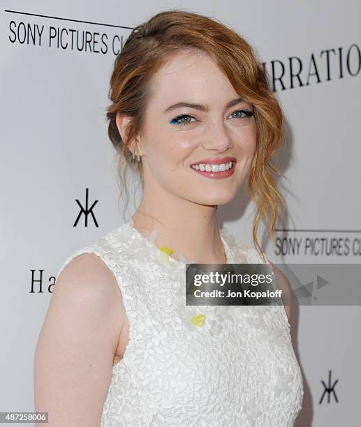 Actress Emma Stone arrives "Irrational Man" at Writers Guild Awards on July 9, 2015 in Los Angeles, California.