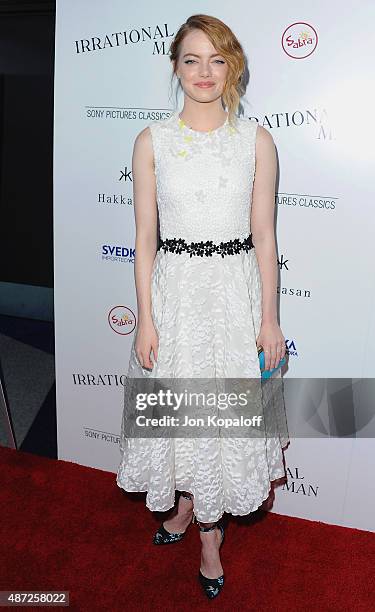 Actress Emma Stone arrives "Irrational Man" at Writers Guild Awards on July 9, 2015 in Los Angeles, California.