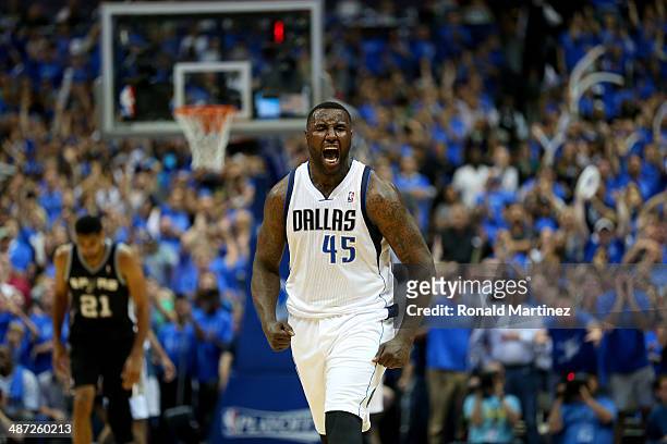 DeJuan Blair of the Dallas Mavericks reacts during play against the San Antonio Spurs in Game Four of the Western Conference Quarterfinals during the...