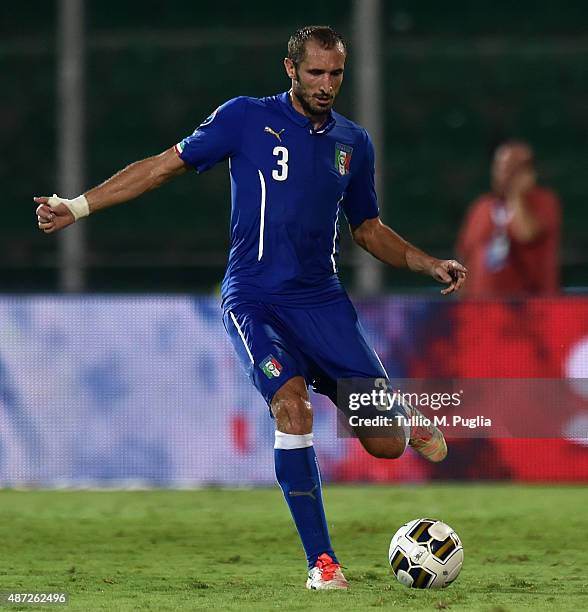 Giorgio Chiellini of Italy in action during the UEFA EURO 2016 Qualifier match between Italy and Bulgaria on September 6, 2015 in Palermo, Italy.