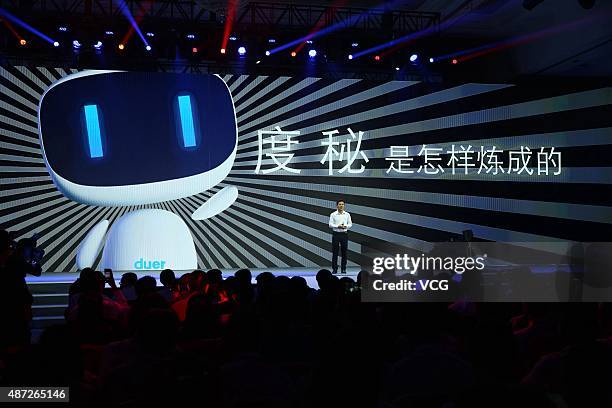 Robin Li , founder, chairman and CEO of Baidu, introduces the new AI-powered digital assistant "Duer" during the 2015 Baidu Technology Innovation...