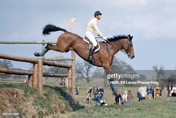 Richard Meade of Great Britain and his mount Wayfarer II take a jump at the Normandy Bank during the Badminton Horse Trials in Gloucestershire on...