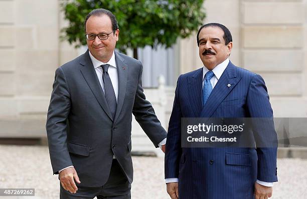 French President Francois Hollande welcomes King Hamad Bin Isa Al Khalifa of Bahrain prior their meeting at the Elysee Palace on September 08,2015 in...