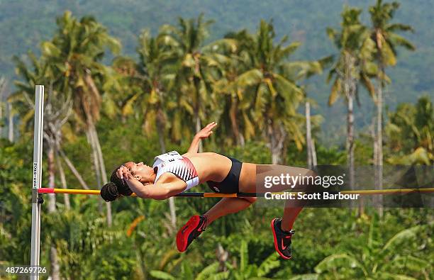 Ada'ora Chigbo of England jumps in the Girls High Jump during the Athletics at the Apia Park Sports Complex on day two of the Samoa 2015 Commonwealth...