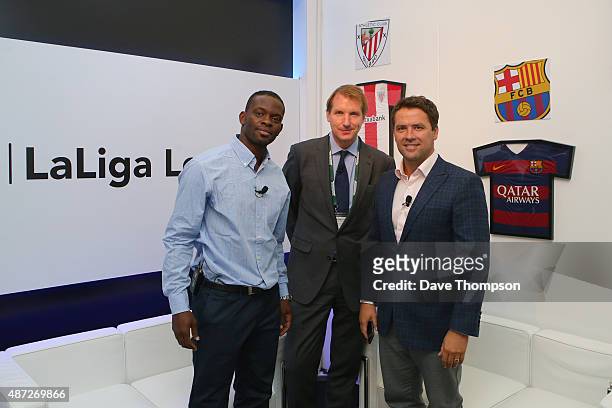 Louis Saha, Henry Winter and Michael Owen during day four of the Soccerex Global Convention at Manchester Central on September 8, 2015 in Manchester,...