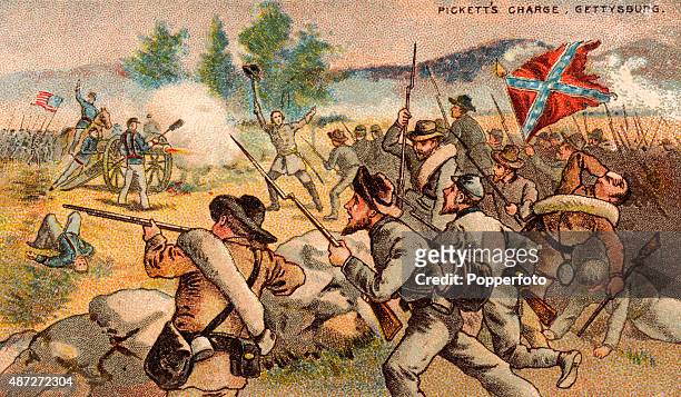 Vintage trade card featuring Pickett's Charge at the Battle of Gettysburg in Pennsylsvania during the American Civil War on 3rd July 1863. Major...