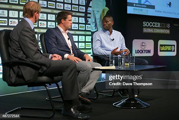 Henry Winter, Michael Owen and Louis Saha take part in a discussion about 'Life after football' during day four of the Soccerex Global Convention at...