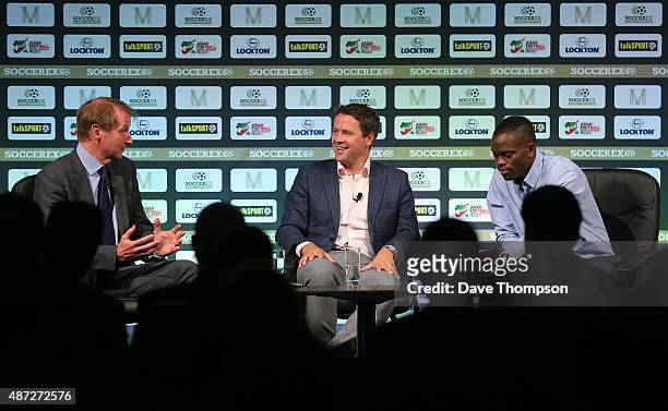 Henry Winter, Michael Owen and Louis Saha take part in a discussion about 'Life after football' during day four of the Soccerex Global Convention at...