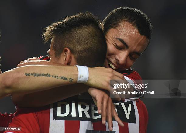 Lucas Rodriguez of Estudiantes celebrates after scoring the first goal of his tean during a match between Estudiantes and Aldosivi as part of 23rd...