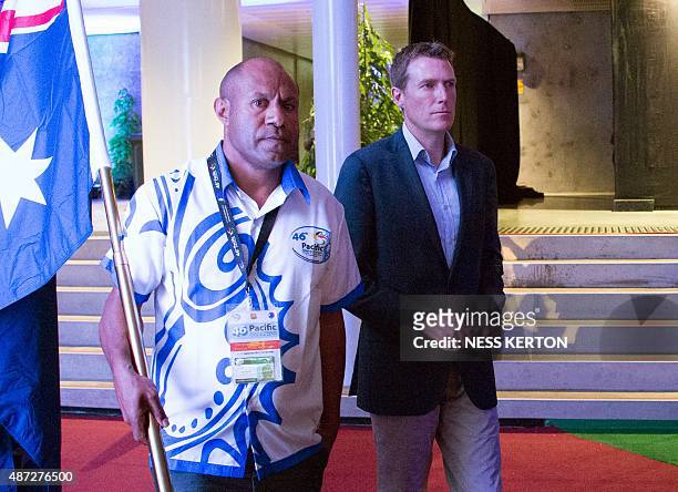 Australian parliamentary secretary Christian Potter arrives for the official opening of the 46th Pacific Islands Forum in Port Moresby on September...