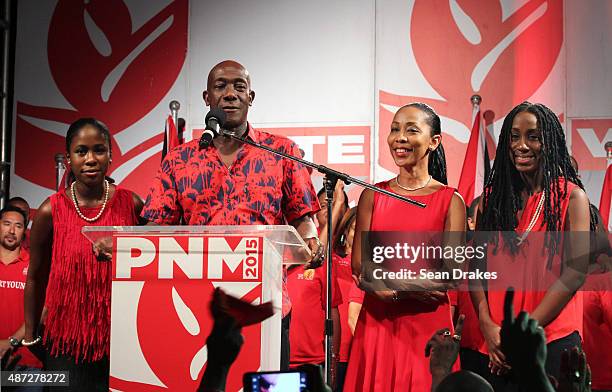 Keith Christopher Rowley, Leader of the People's National Movement and the newly-elected Prime Minister of Trinidad & Tobago, introduces his wife...