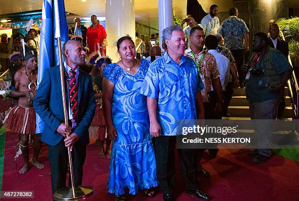 Tuvalu's Prime Minister Enele Sopoaga arrives for the official opening of the 46th Pacific Islands Forum in Port Moresby on September 8, 2015. The...