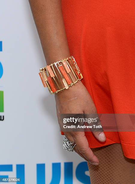 Host Wendy Williams, jewelry detail, visits The Elvis Duran Z100 Morning Show at Z100 Studio on September 8, 2015 in New York City.