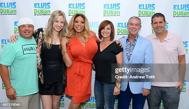 Greg T, Bethany Watson, Wendy Williams, Danielle Monaro, Elvis Duran, and Skeery Jones pose for a photo during The Elvis Duran Z100 Morning Show at...