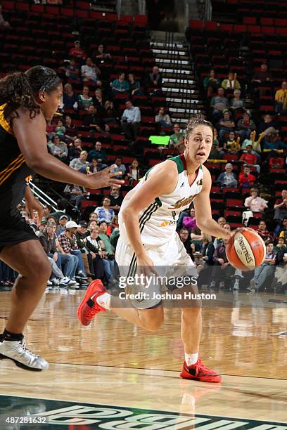 Jenna O'Hea of the Seattle Storm handles the ball against the Tulsa Shock on September 3, 2015 at Key Arena in Seattle, Washington. NOTE TO USER:...