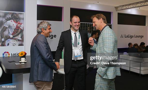 Former Arsenal and England footballer Tony Adams talks to delegates during day four of the Soccerex Global Convention at Manchester Central on...