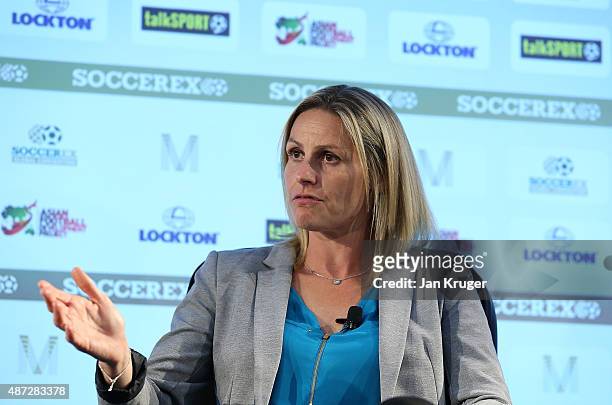 Former Arsenal and England player Kelly Smith talks about answers question during day four of the Soccerex - Manchester Convention at Manchester...