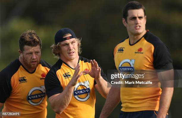 Michael Hooper prepares to jump in a lineout during a Waratahs Super Rugby training session at Moore Park on April 29, 2014 in Sydney, Australia.