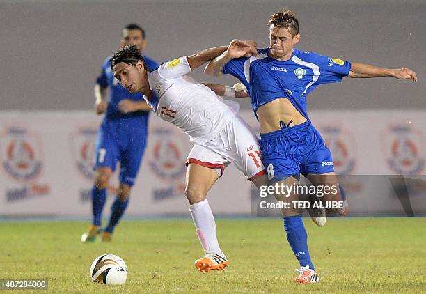 Server Djeparov of Uzbekistan vies for the ball with Sato Daisuke of the Philippines during the 2018 World Cup qualifying football match between...