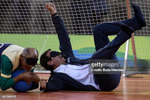 Rio de Janeiro Mayor Eduardo Paes plays Goalball during the presentation of the Rio 2016 Olympic Handball and Rio 2016 Paralympic Goalball venue at...